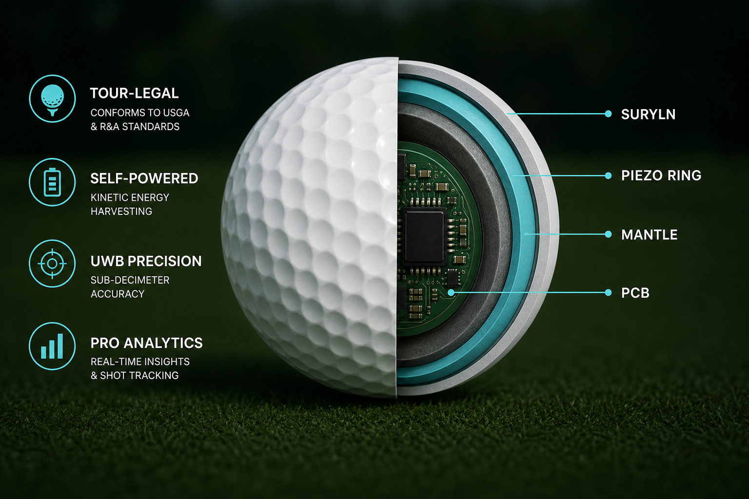 Smart golf ball cutaway: tour-legal design; Surlyn cover, piezoelectric harvest ring, mantle, and smart core with Ultra Wide Band; callouts for self-powered operation and precision tracking