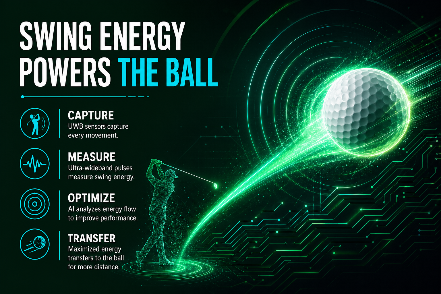 Swing energy powers the ball: Ultra Wide Band capture, measure, optimize, and transfer — infographic with golfer swing, energy path, and light-blue headline accent